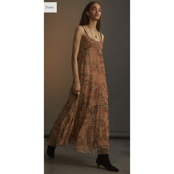Anthropologie Dresses & Skirts - BY ANTHROPOLOGIE Sequined Tulle Midi Dress in Tan Peach Tiered Boho - Size S NWT
